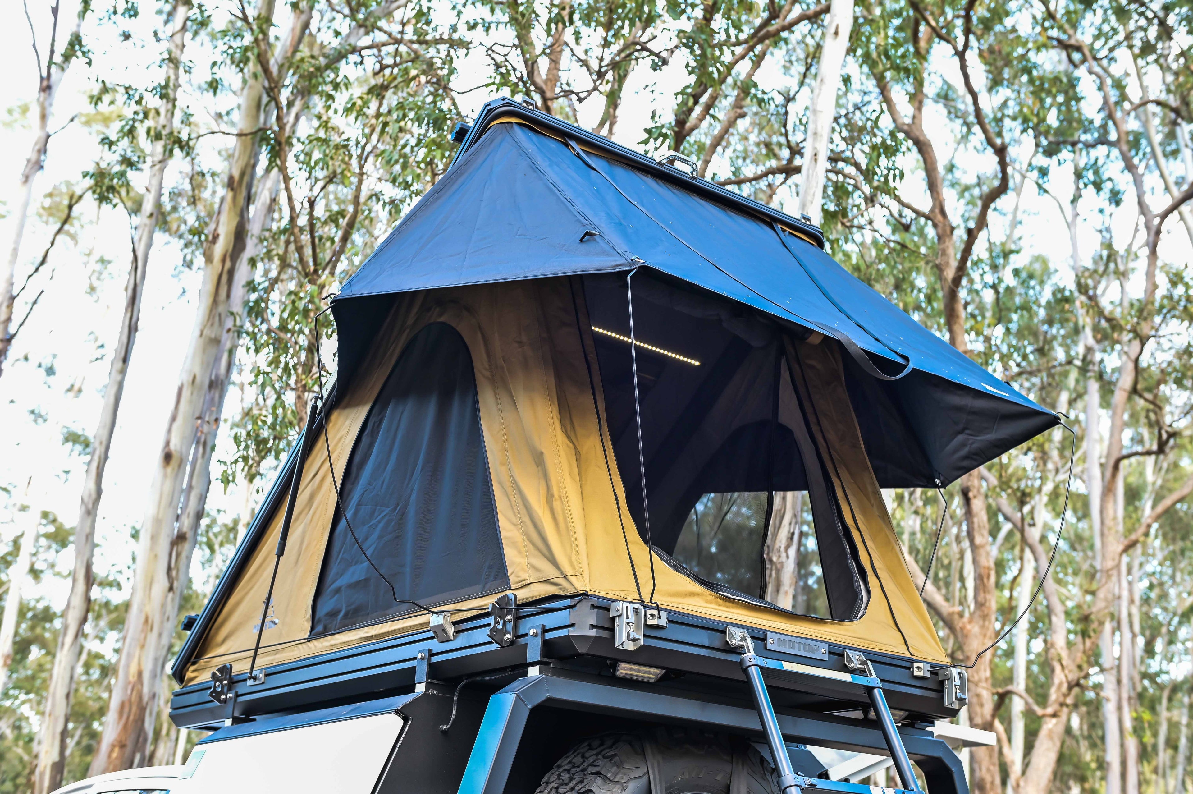MOTOP MT-120 Plus Next Gen rooftop tent set up for beach and outback camping, ideal for couples and solo travellers