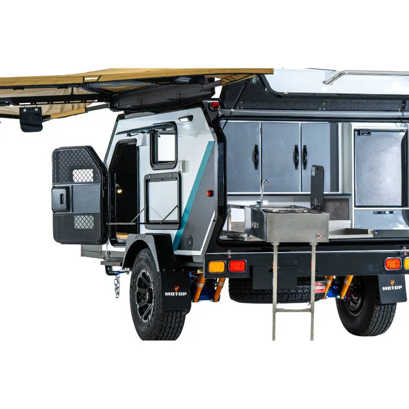 Overland camper with full-size bed, blackout blinds, flyscreen windows, and year-round comfort features.