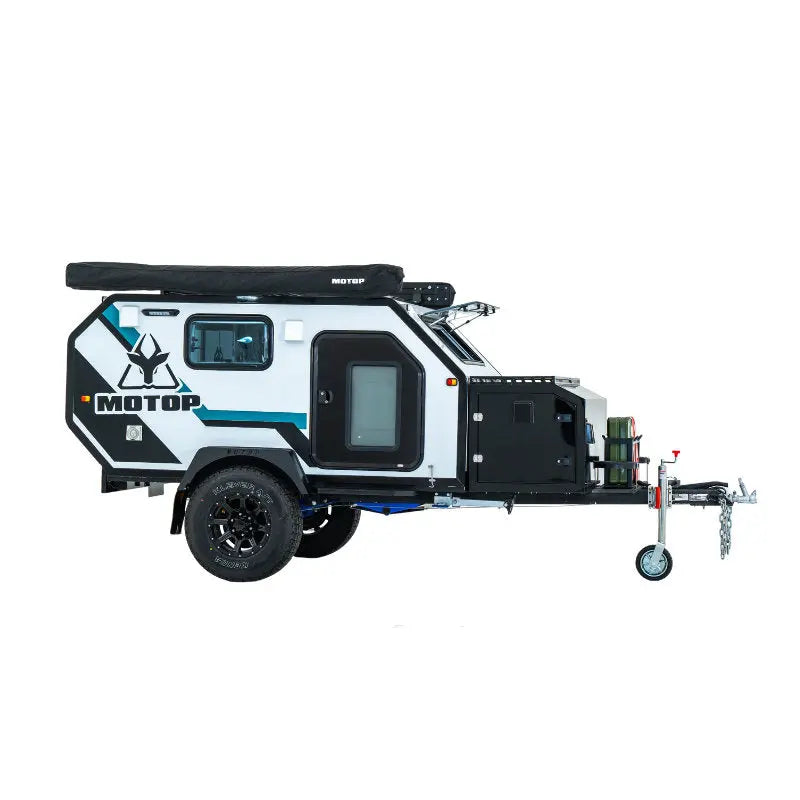 Compact camper with independent suspension for smooth towing on rough tracks and trails.